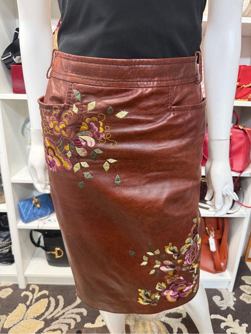 Rare John Galliano for Dior Embroidered Lambskin Skirt | Vintage Cognac Floral |